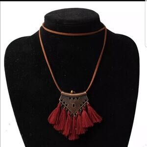 Leather & tassel adjustable necklace burgundy red
